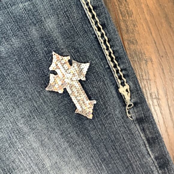 Cowgirl Tuff Co. Sequin Crosses Detail Fringe Hems Straight Leg Ankle Jeans - Picture 6 of 9